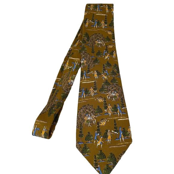 Salvatore FERRAGAMO Tie 100% SILK Mens Necktie Tie Italy Dark Gold 18th c. Scene